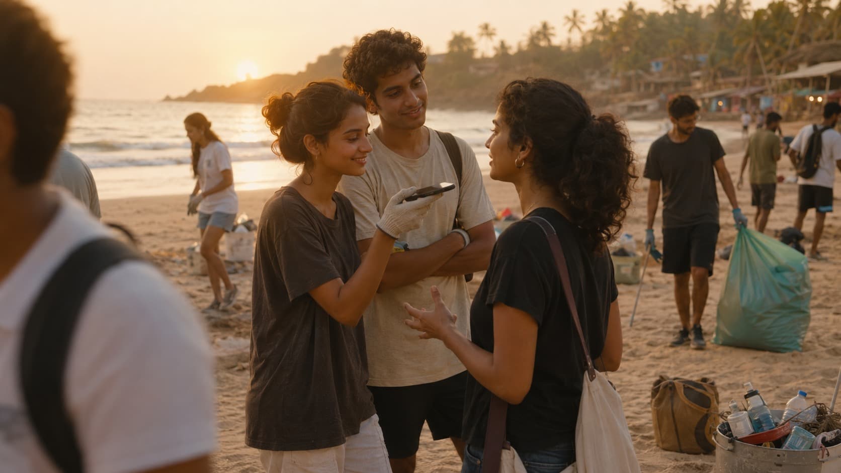 Volunteers at a beach cleanup sharing their thoughts out loud