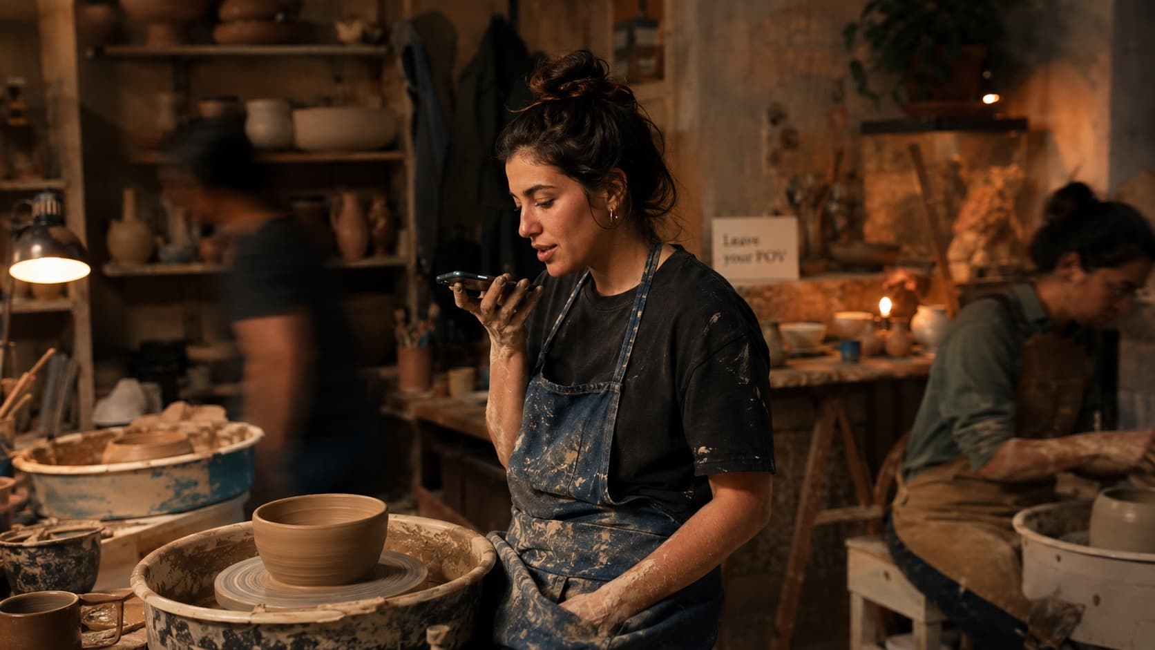 A potter speaking a voice response into her phone at the wheel